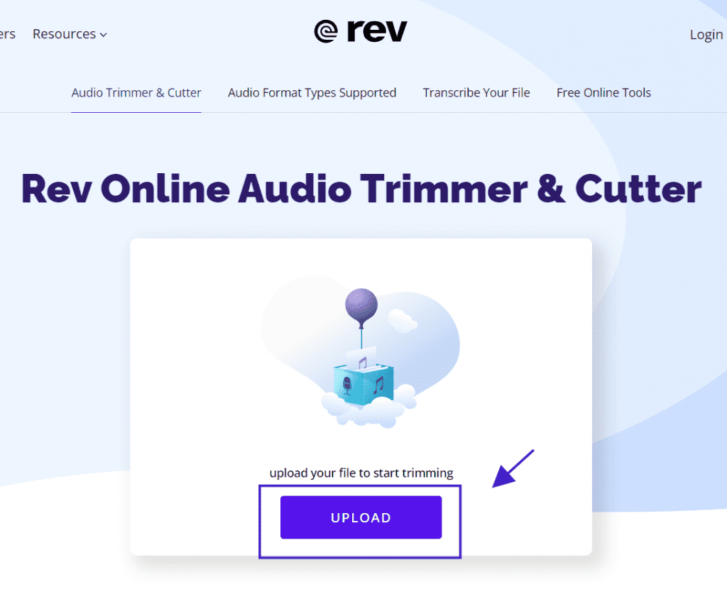 Upload screen for Rev Online Audio Trimmer & Cutter tool with an upload button.