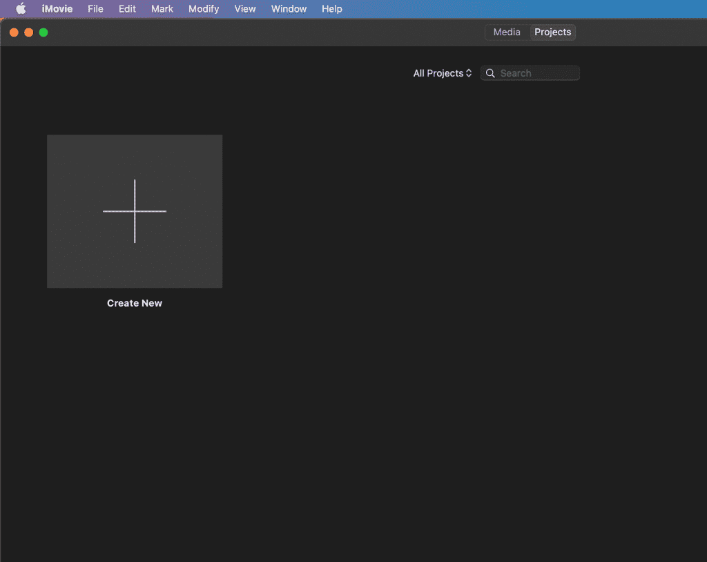 iMovie opening page with a "Create New" project button