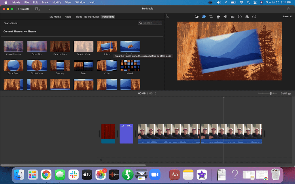 Transitions and other effects being added to a video in iMovie