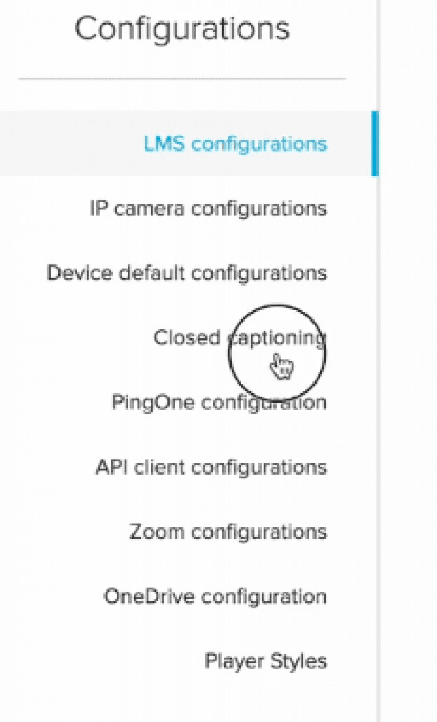 Configurations settings page on Echo360 with closed captioning circled