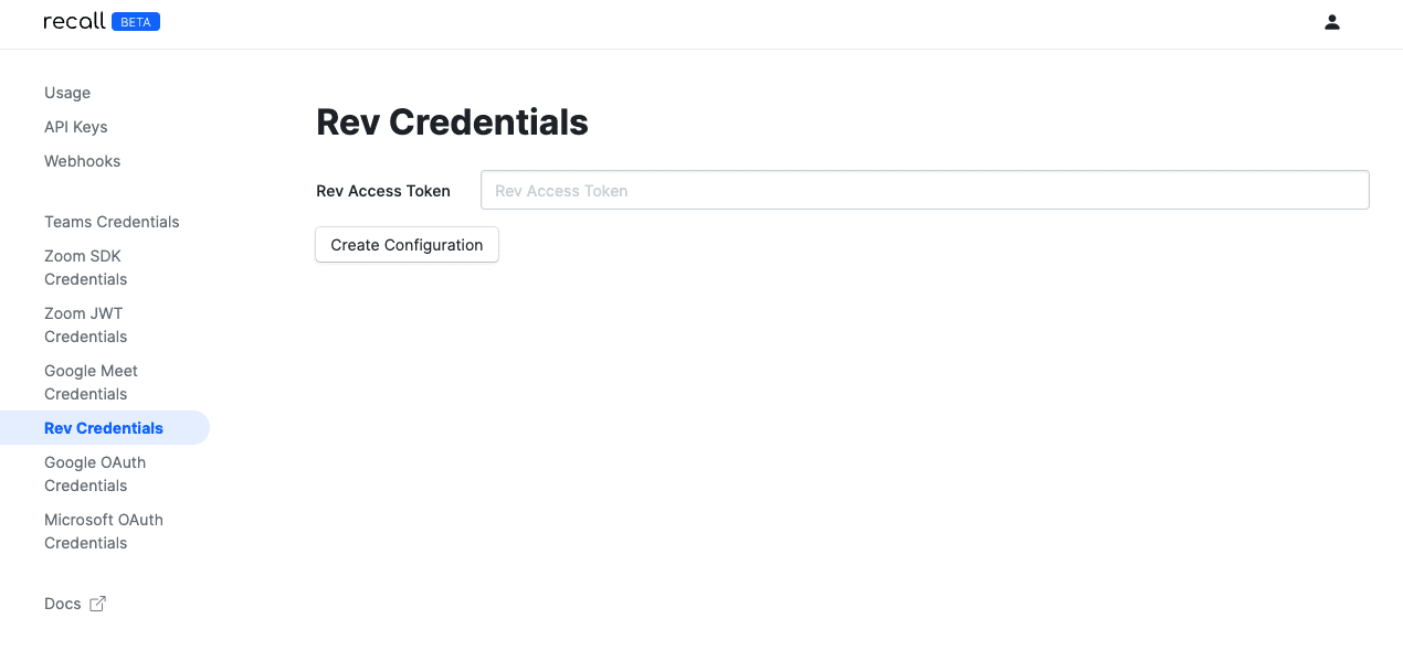 Screenshot from Recall.ai showing where you input your Rev access token