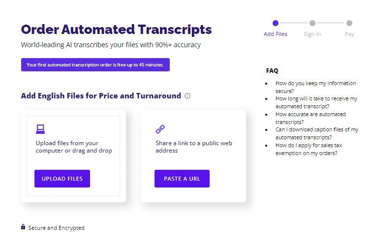 Rev's Order Automated Transcripts Page