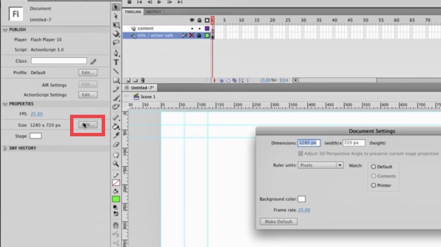 Click on Edit in Properties and open the stage’s Document Properties Adobe Animate Flash