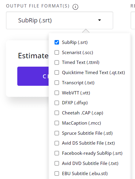 Dropdown of file format options for Rev’s captioning services, including SRT files.