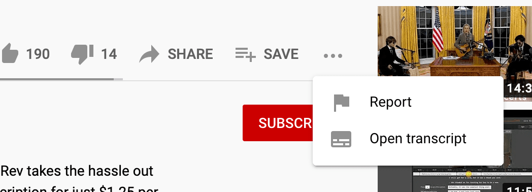 Close-up of “Open Transcript” functionality on a YouTube video.