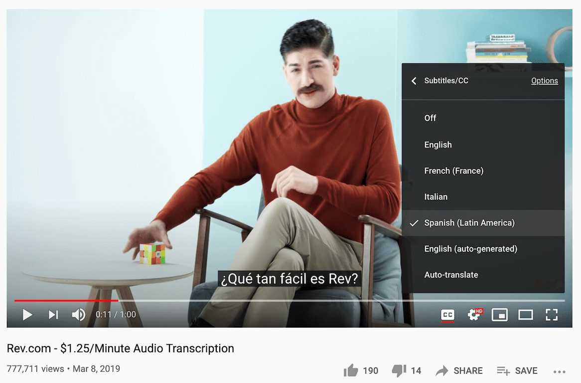 User toggling foreign language subtitles on a YouTube video.