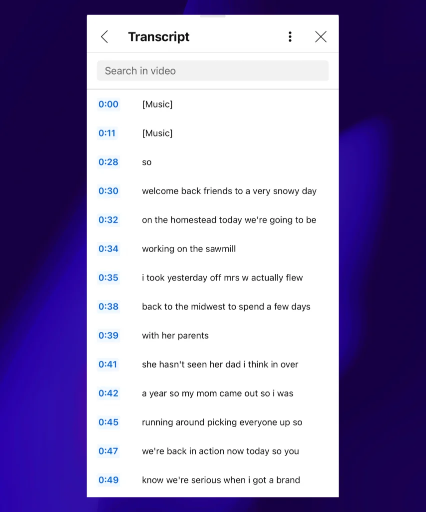 An example of a video transcript on YouTube mobile.