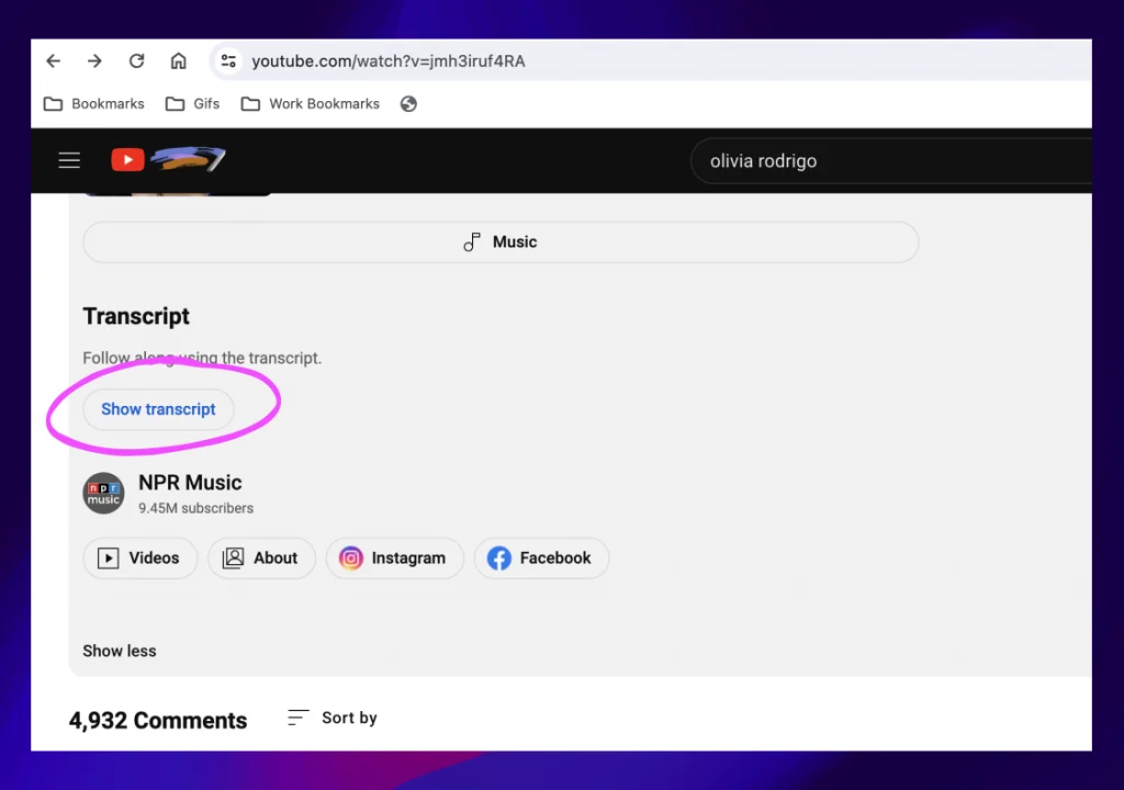 A screenshot demonstrating where to see a video transcript on YouTube.