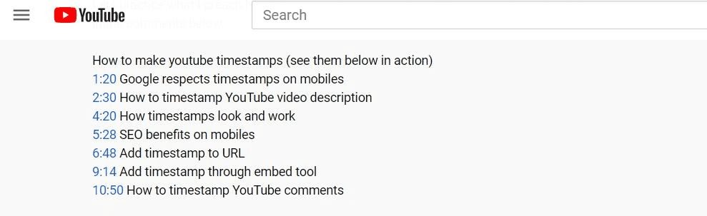 A list of timestamps below a YouTube video