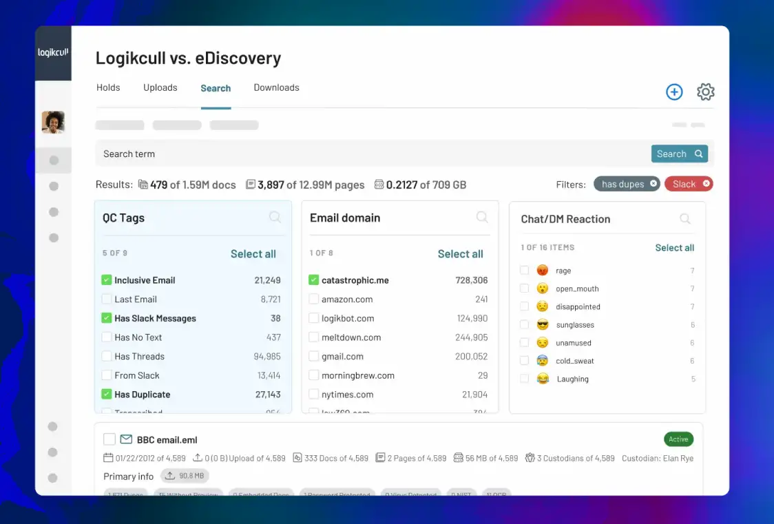 A look at the Logikcull platform, showing the tagging and searching functions in action.