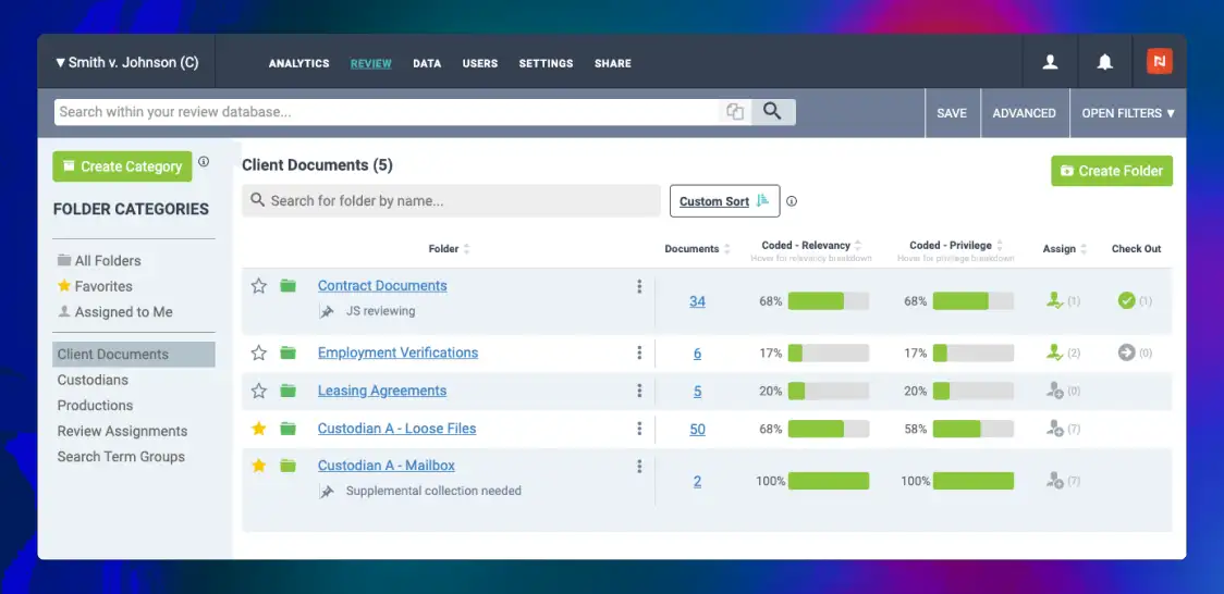The Nextpoint product dashboard showing various client documents and categories.
