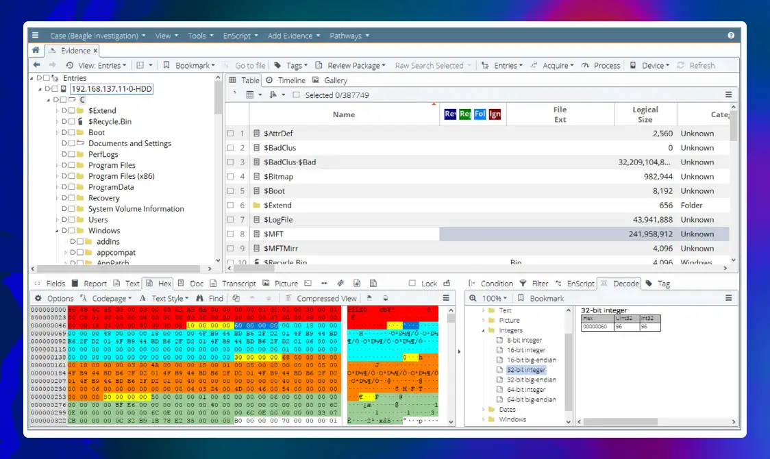 The OpenText EnCase evidence platform showing various folders and charts.