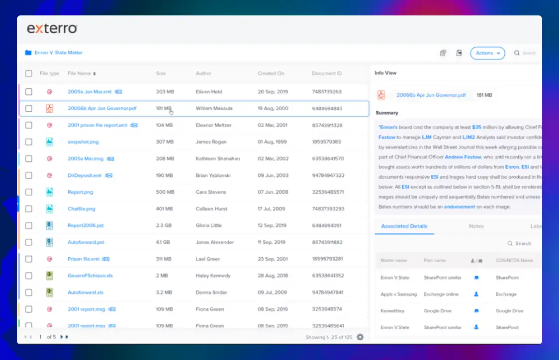 A case folder open in the Exterro platform.