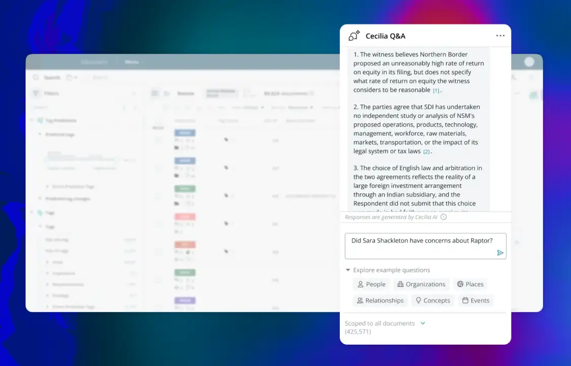 The DISCO eDiscovery platform showing a pop-up of a Q&A.