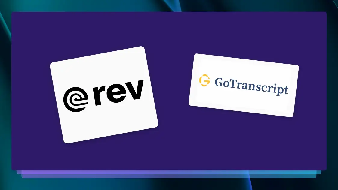 The logos of Rev and GoTranscript on a purple background.