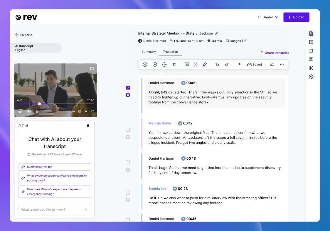 A legal transcription created in the Rev workspace.