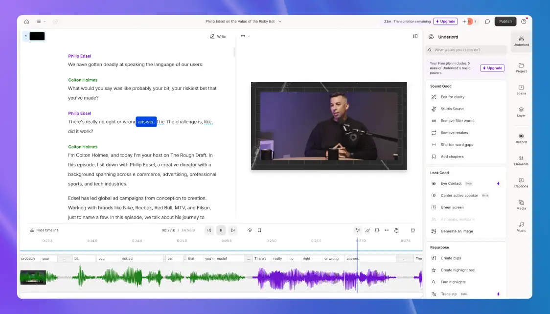 The interface for an AI video transcription created in Descript.