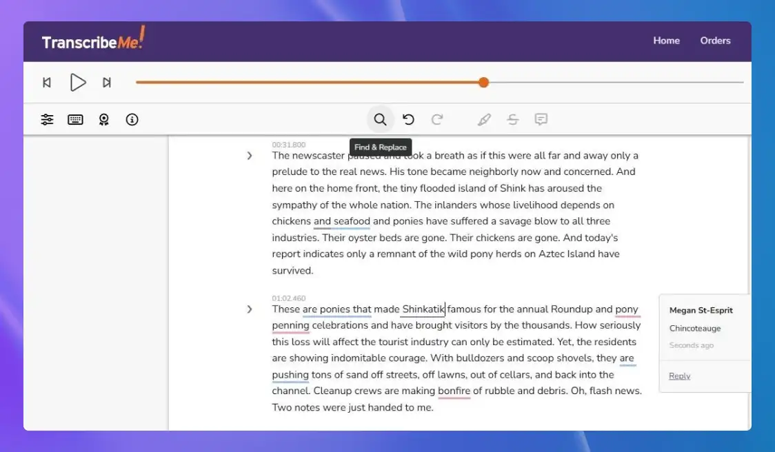 A transcription created in TranscribeMe.