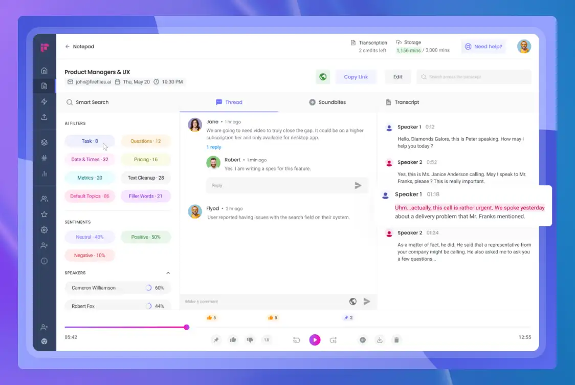 The transcription interface in Fireflies.ai, an AI voice assistant.