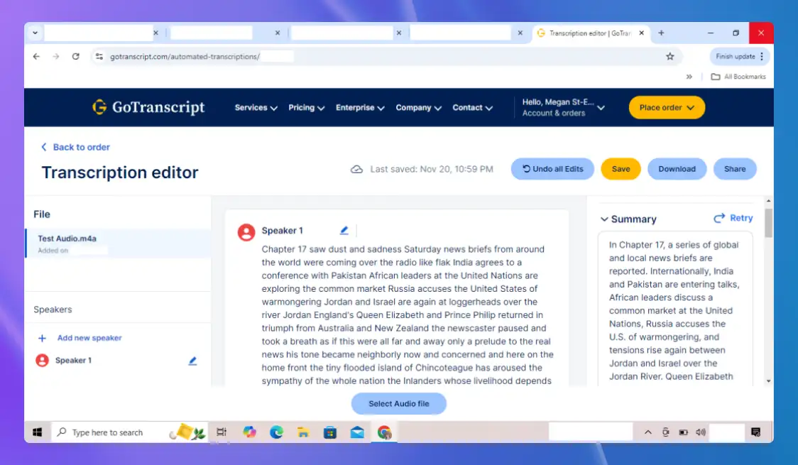 Editing a transcription in GoTranscript, a transcription company.