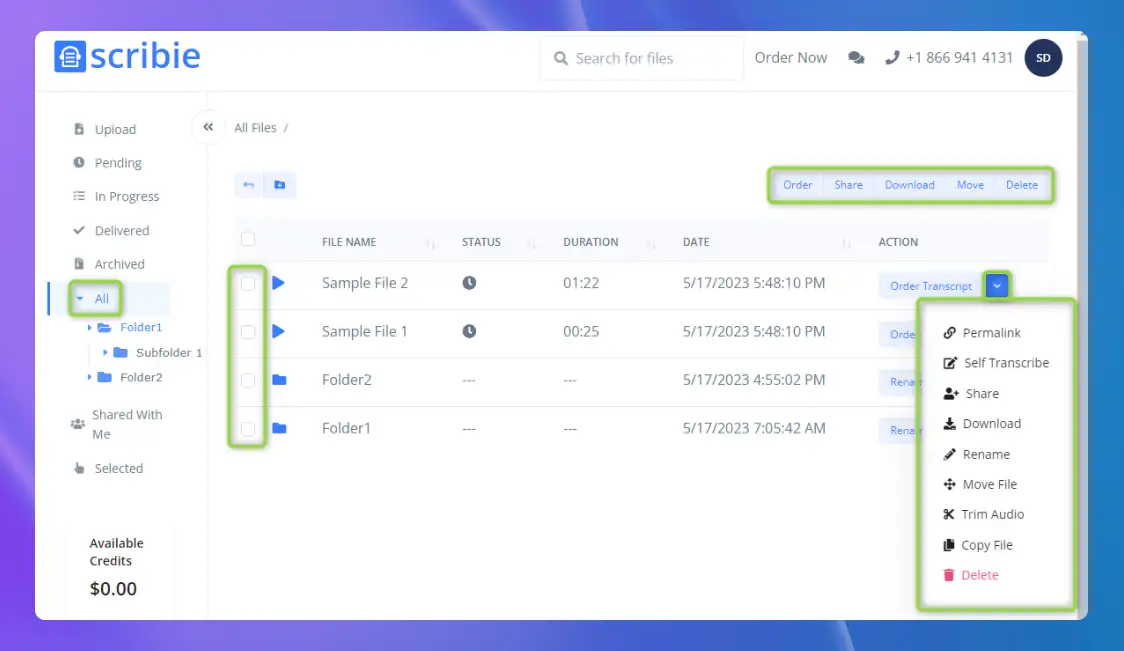 The file upload interface in Scribie, an online transcription service.