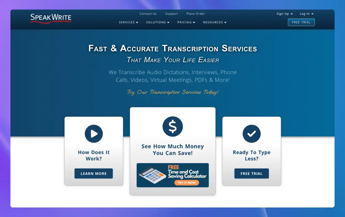 The homepage for SpeakWrite, a human transcription company.
