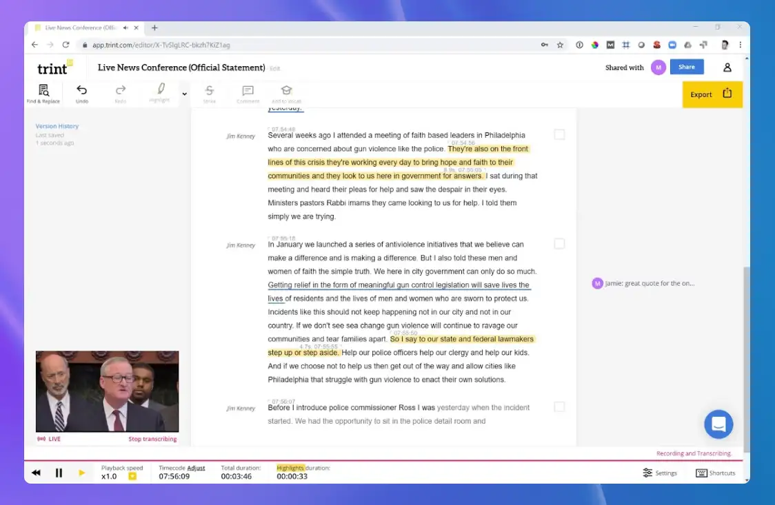 A video transcription created in Trint, an online transcription service.
