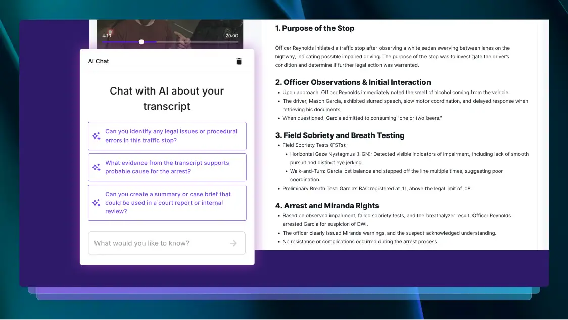 A computer screen with a purple background. There are two pop-up windows open within the Rev product. One shows an AI chat window with a few prompt suggestions. The other window shows a transcript detailing a police traffic stop.