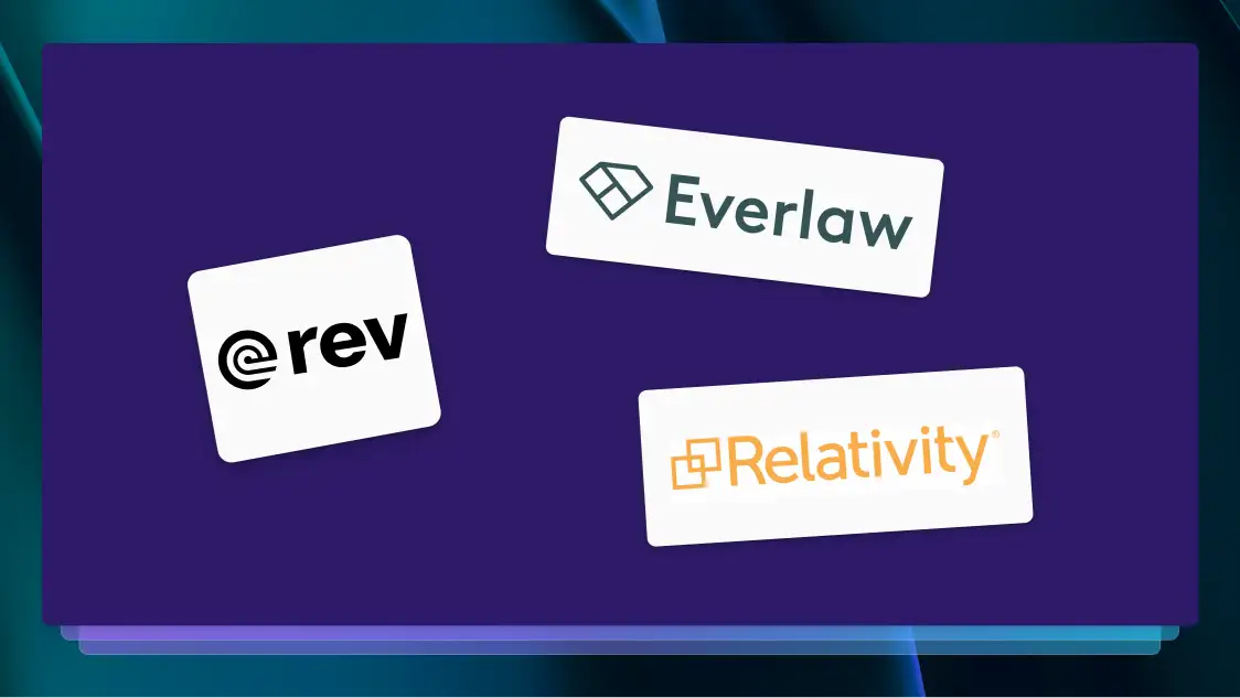 The logos for Rev, Everlaw and Relativity shown on a purple background.