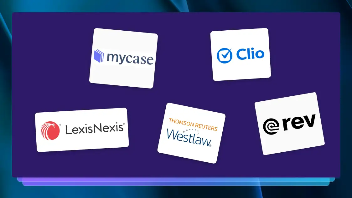 The logos for MyCase, Clio, LexisNexis, Westlaw, and Rev, which are types of paralegal software. 