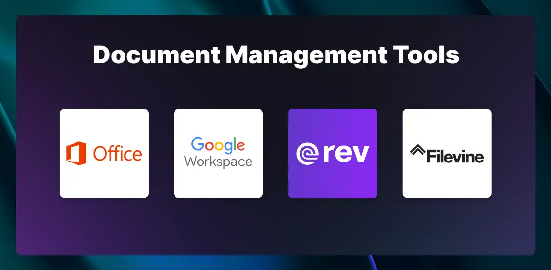 The logos for paralegal document management tools, including Microsoft Office, Google Workspace, Rev, and Filevine.