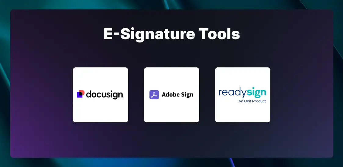 The logos for paralegal e-signature tools, including DocuSign, Adobe Sign, and ReadySign.