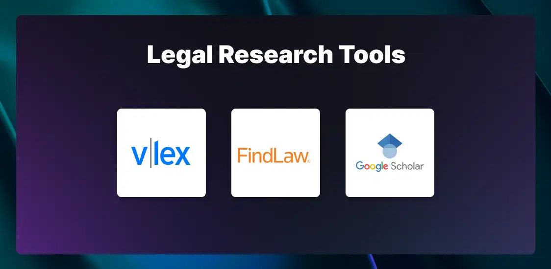 The logos for legal research tools, including vFlex, Findlaw, and Google Scholar.