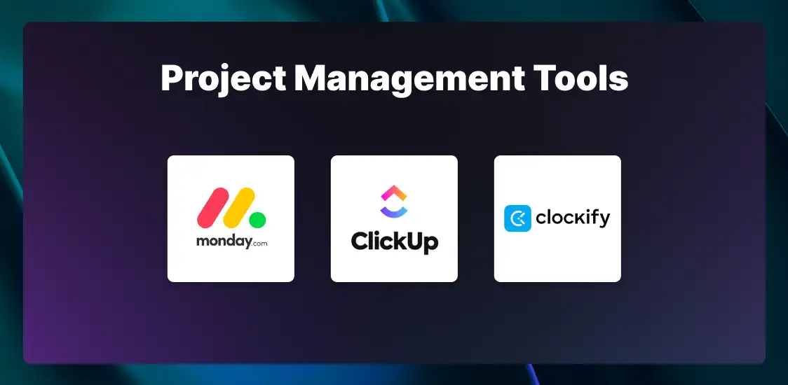 The logos for project management tools, including Monday.com, ClickUp, and Clockify.