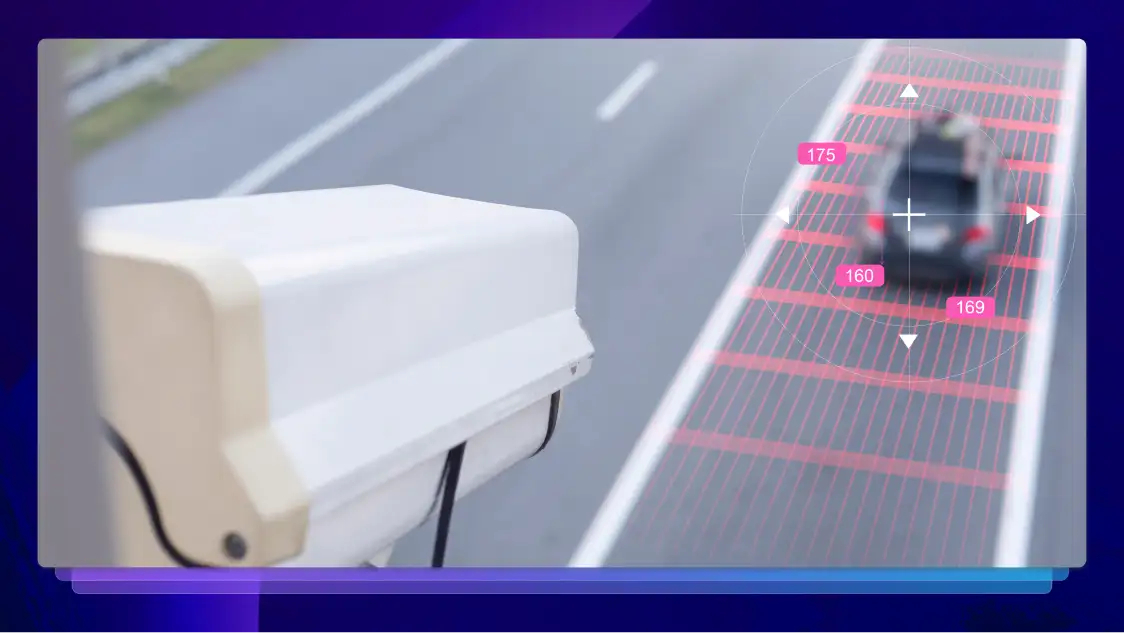 Surveillance camera tagging a moving suspected vehicle of criminal activity on a street.