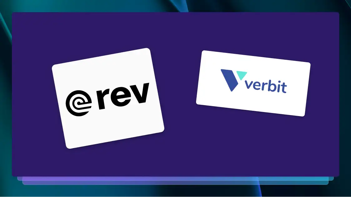 The Rev logo and Verbit logo on white boxes on a purple background.