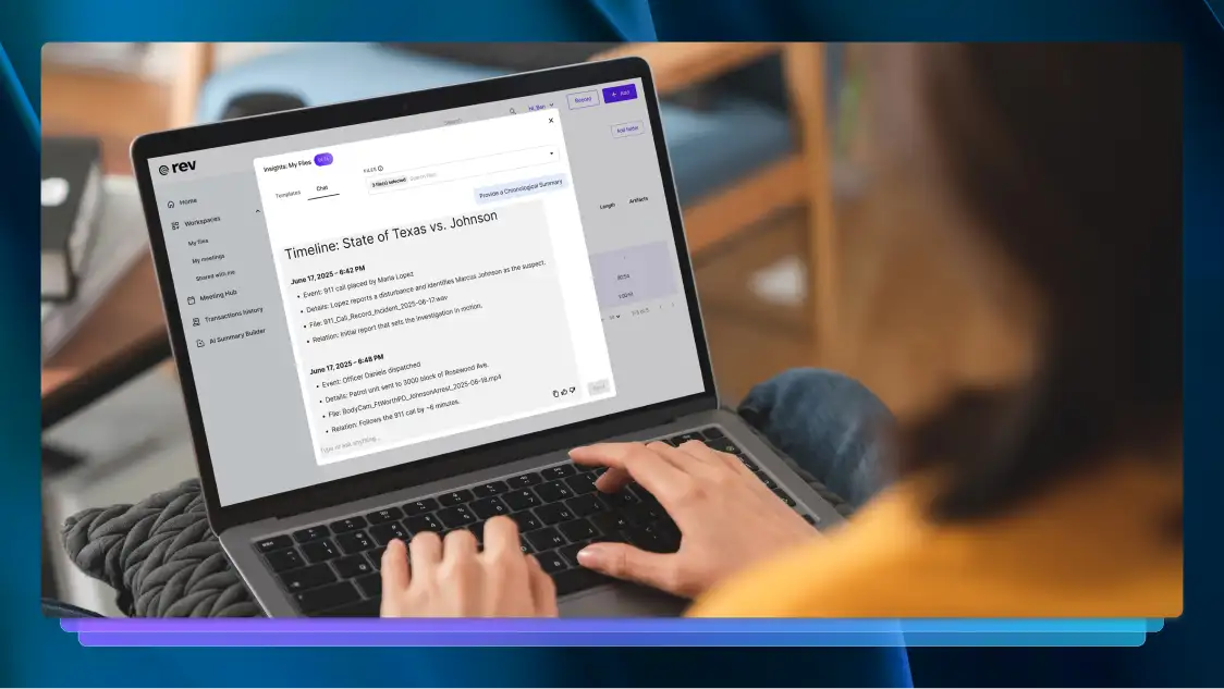 A person using a laptop to create a legal timeline using Rev.