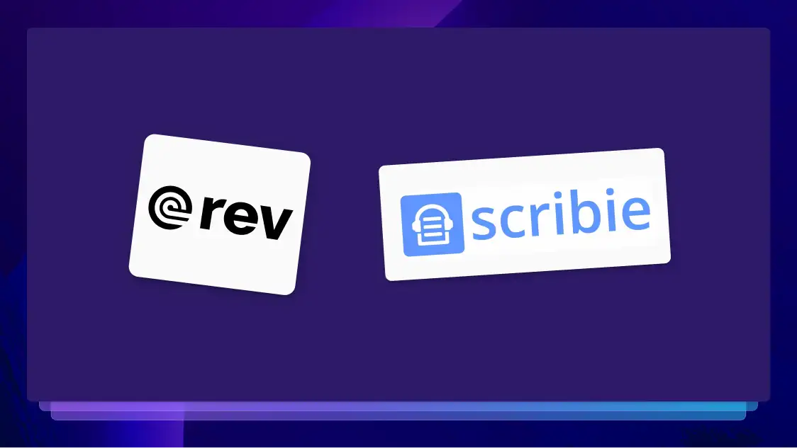 The Rev and Scribie logos on white boxes pasted on a purple background.