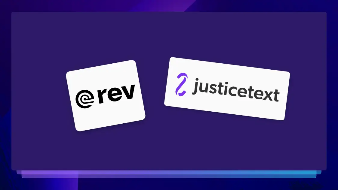 The Rev and JusticeText logos on a purple background.