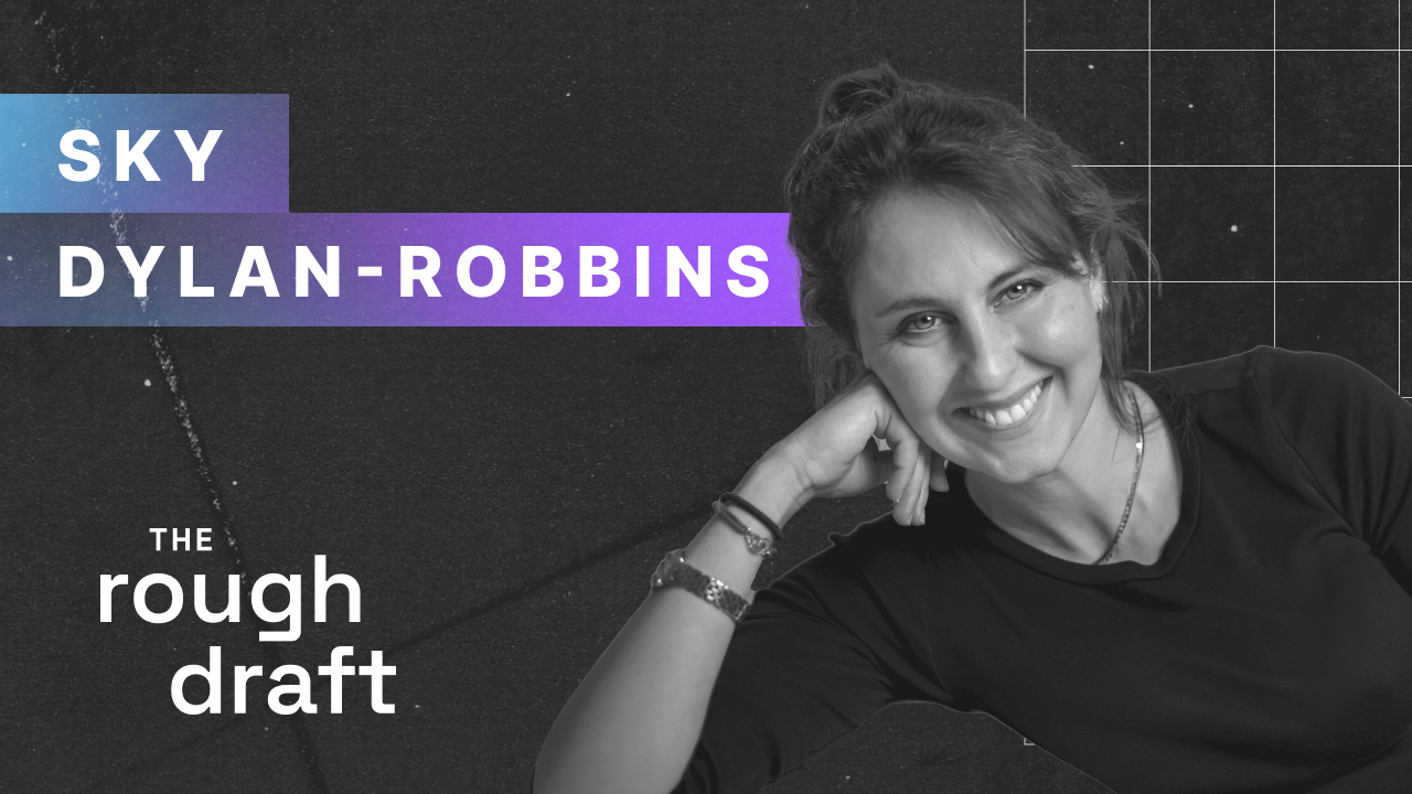 Podcast host portrait with microphone and studio backdrop, promotional cover art