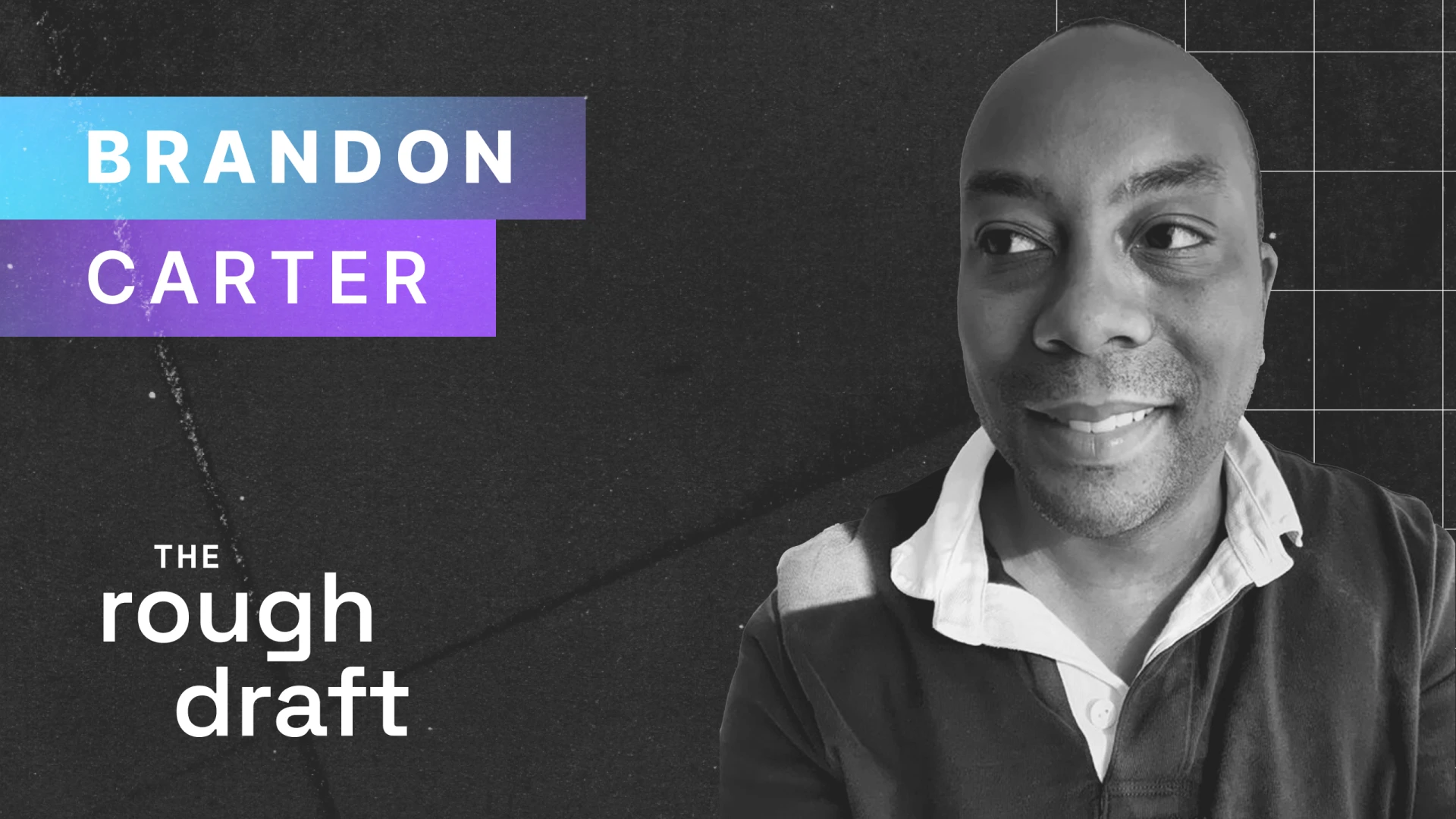 Brandon Carter smiling portrait wearing black t-shirt, fitness coach headshot on gray background