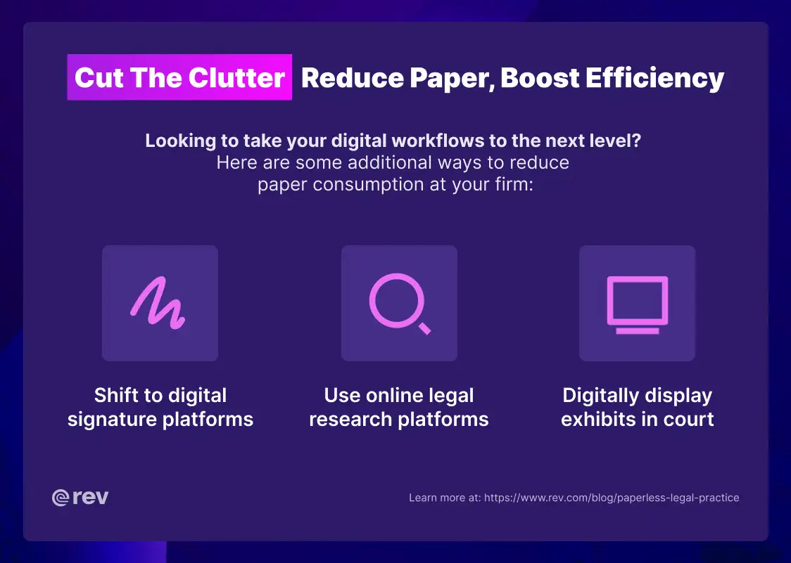 Graphic titled “Cut the clutter: reduce paper, boost efficiency” that outlines several ways to reduce paper consumption at a law firm.