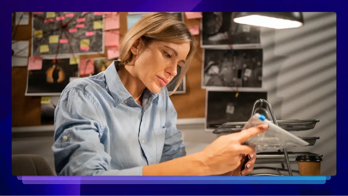 A female private investigator in a grey shirt using a cellphone to conduct research.