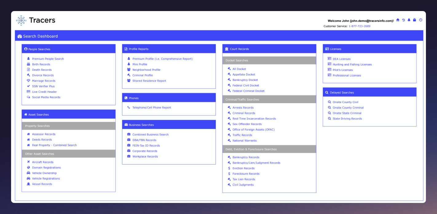 A dashboard within the Tracers platform showing People Searches, Profile Reports, Court Records, and other sections.