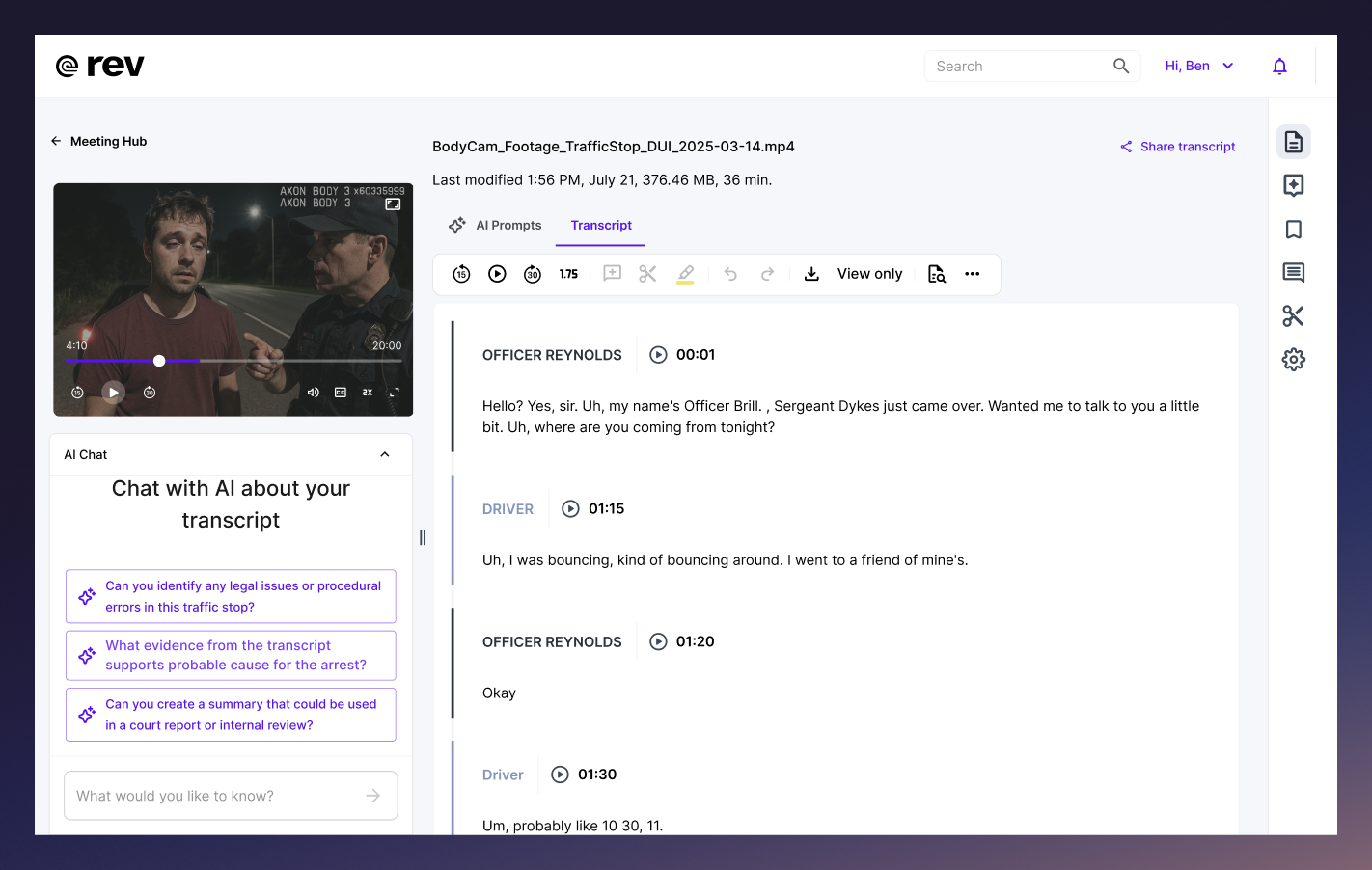 The transcript editor within the Rev platform showing a transcript and video from a traffic stop.