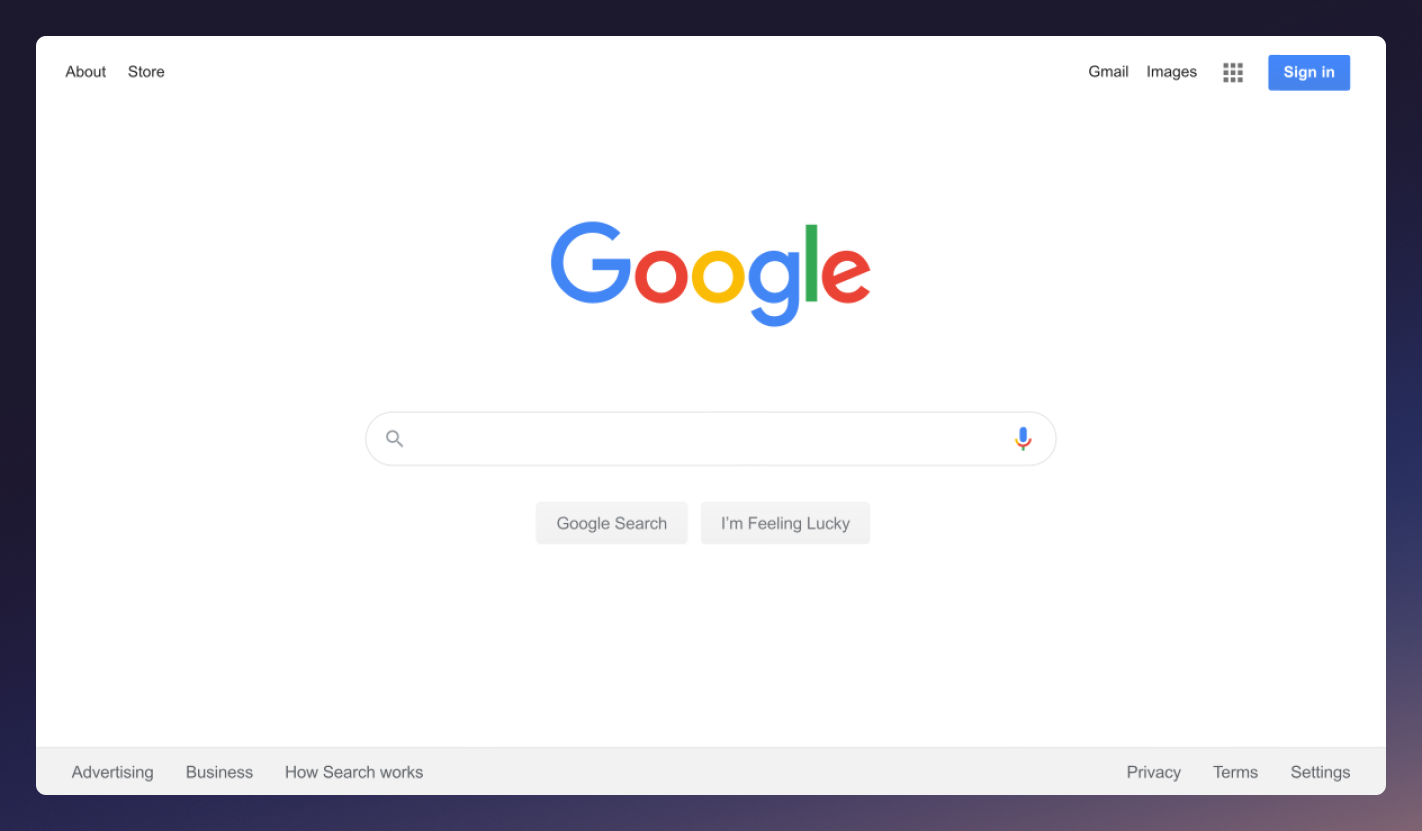 The homepage of Google with a gradient purple border around it.
