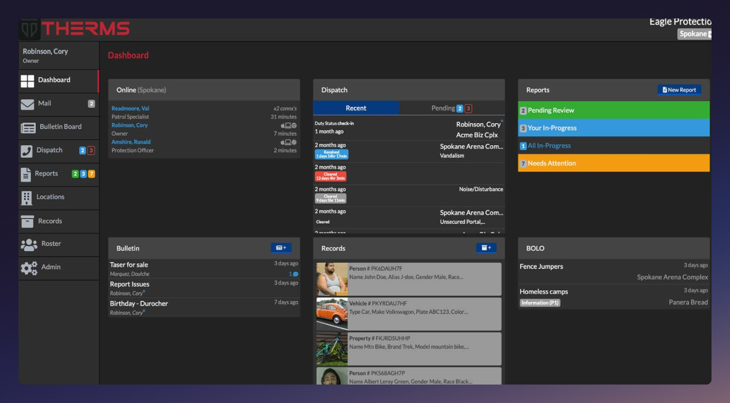 A dashboard within the Therms platform showing Dispatch, Reports, BOLO, and other sections.