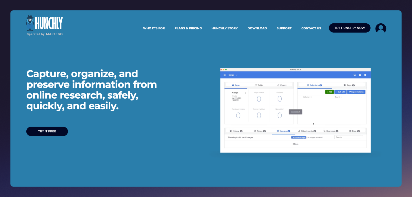 The homepage of the Hunchly website with a gradient purple border around it.