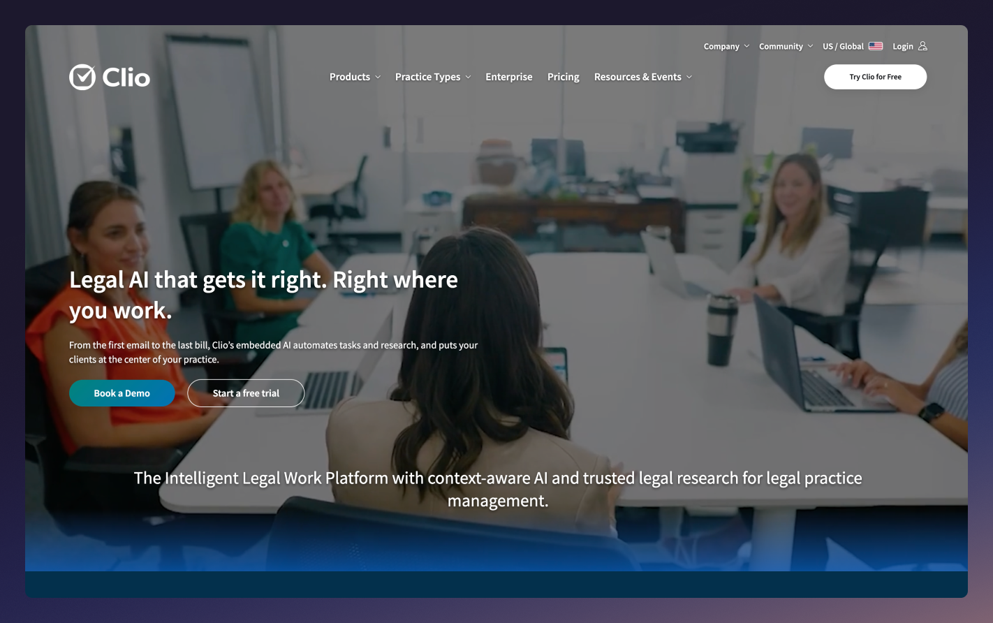The homepage of the Clio website with a gradient purple border around it.