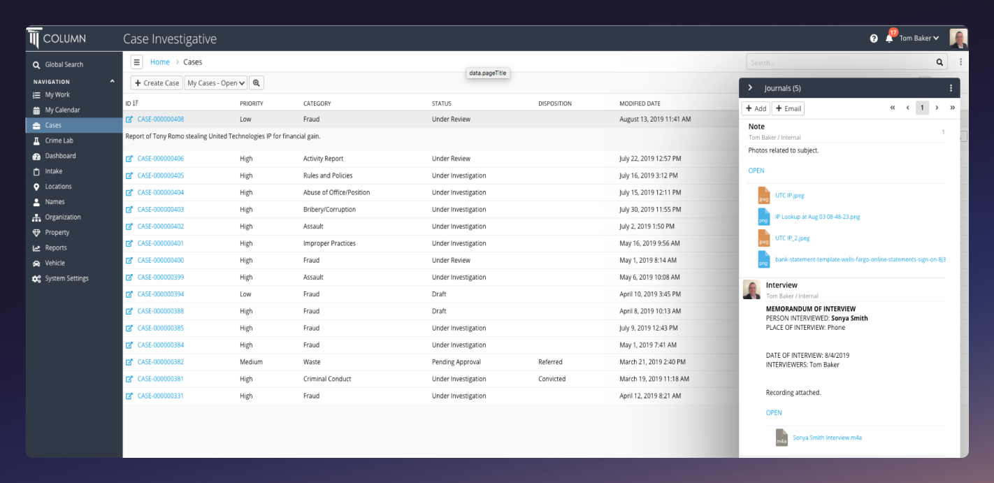 A Case Investigative dashboard within the Column Case Management platform.